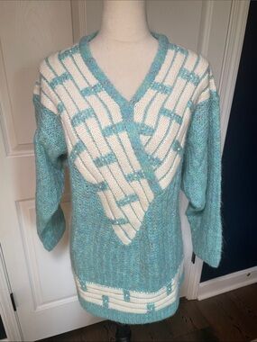 Vintage 80s Premiere Turquoise Knit Embellished V-Neck Bib Oversized Sweater SzS